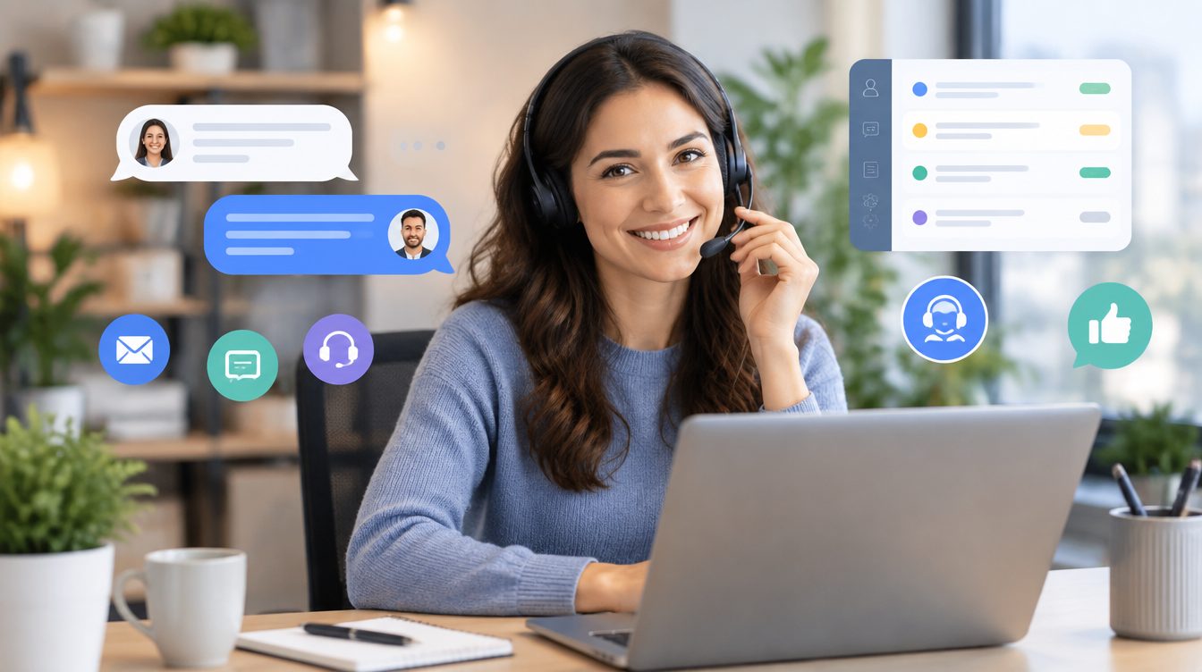 Asistente virtual con audífonos atendiendo a clientes desde la computadora