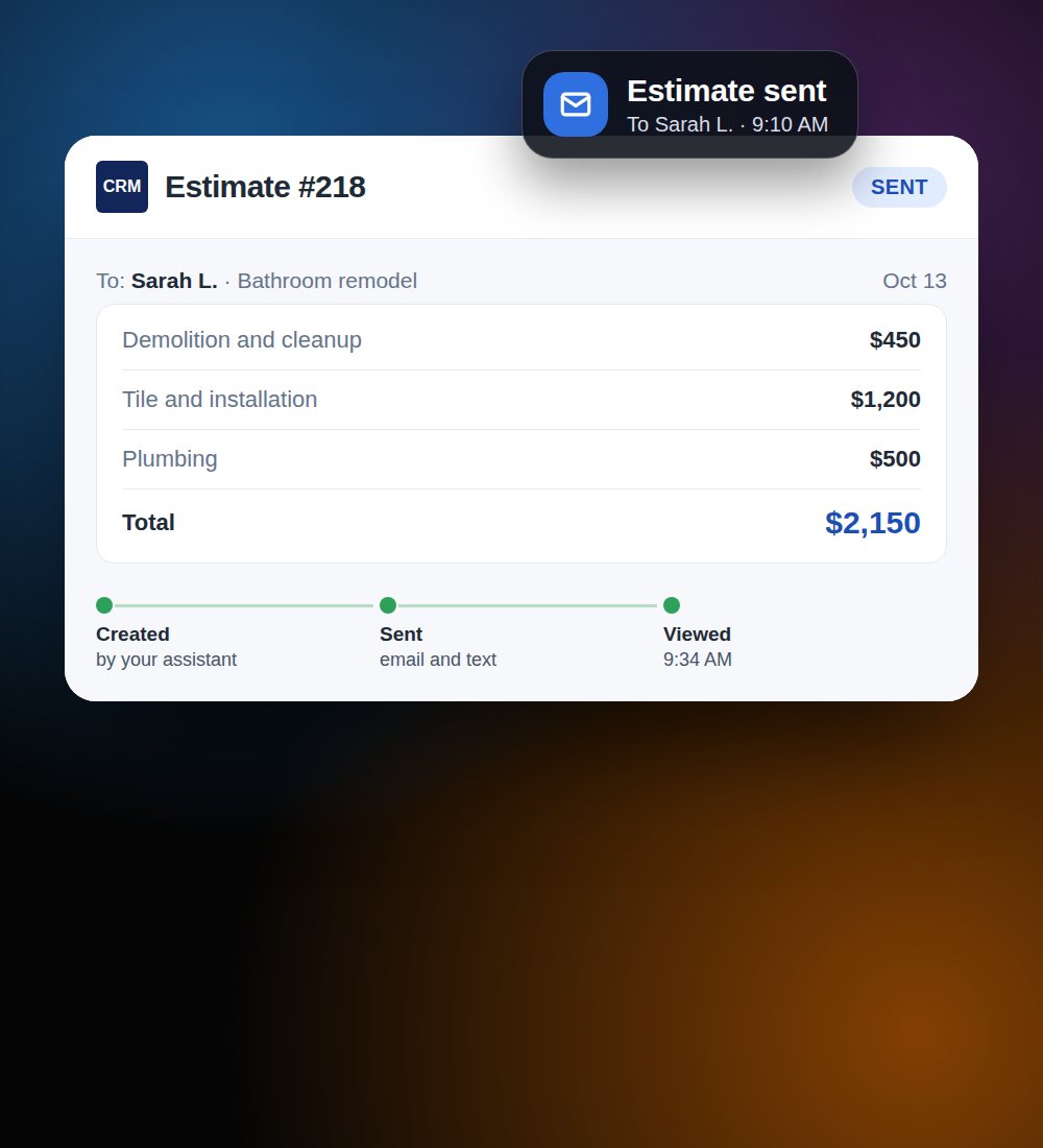 Pantalla del CRM con un estimado enviado a un cliente por email y texto