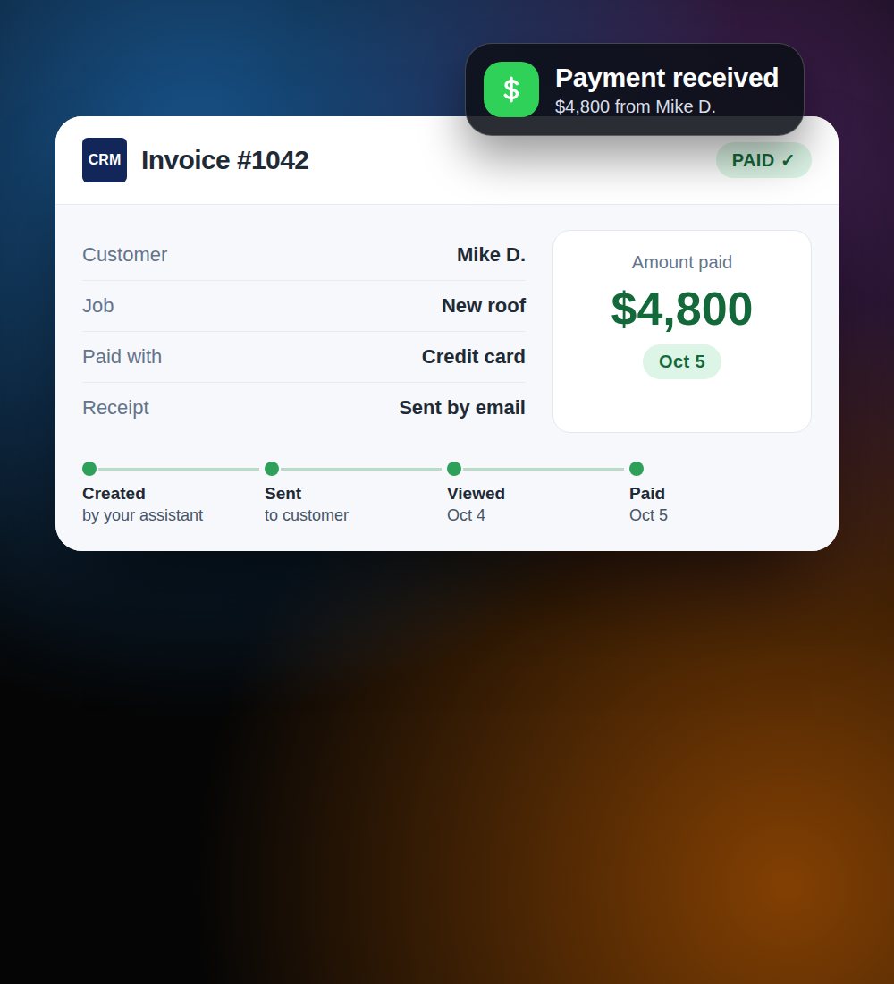 Pantalla del CRM con una factura pagada de 4,800 dólares y el aviso de pago recibido