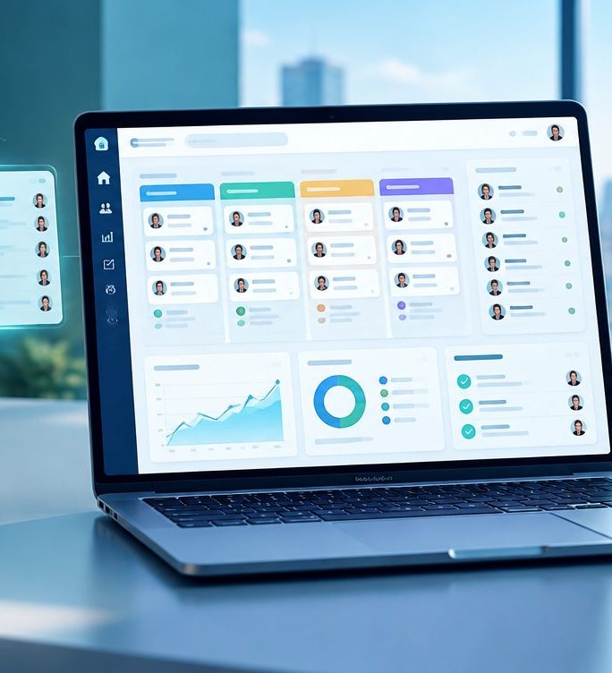 Panel de un CRM con clientes, etapas y gráficas en una laptop