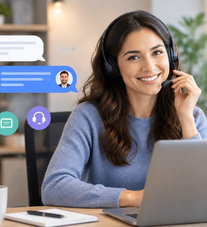 Asistente atendiendo mensajes de clientes de varias redes sociales