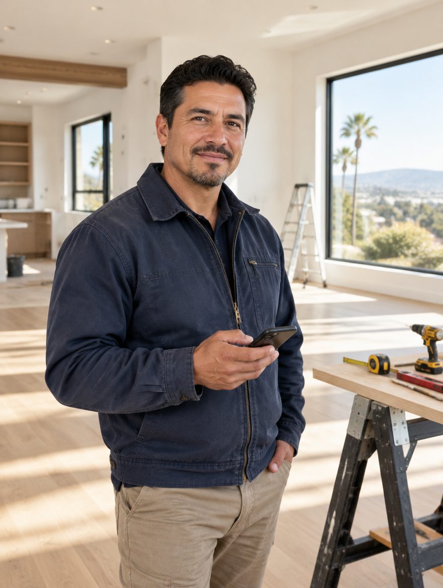 Contratista hispano sonriendo con su celular en una casa en remodelación