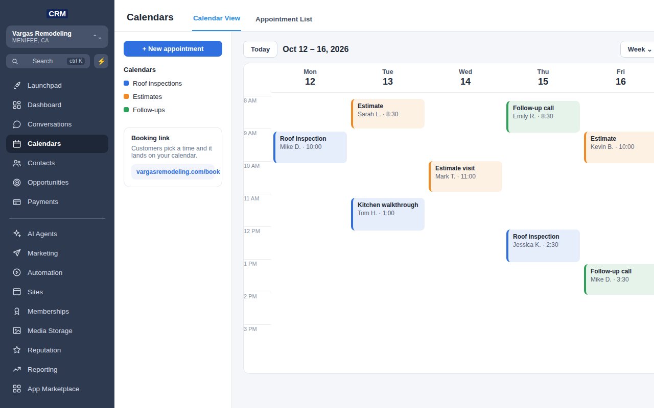 Pantalla de Calendario del CRM con las citas de la semana y un enlace para que los clientes agenden