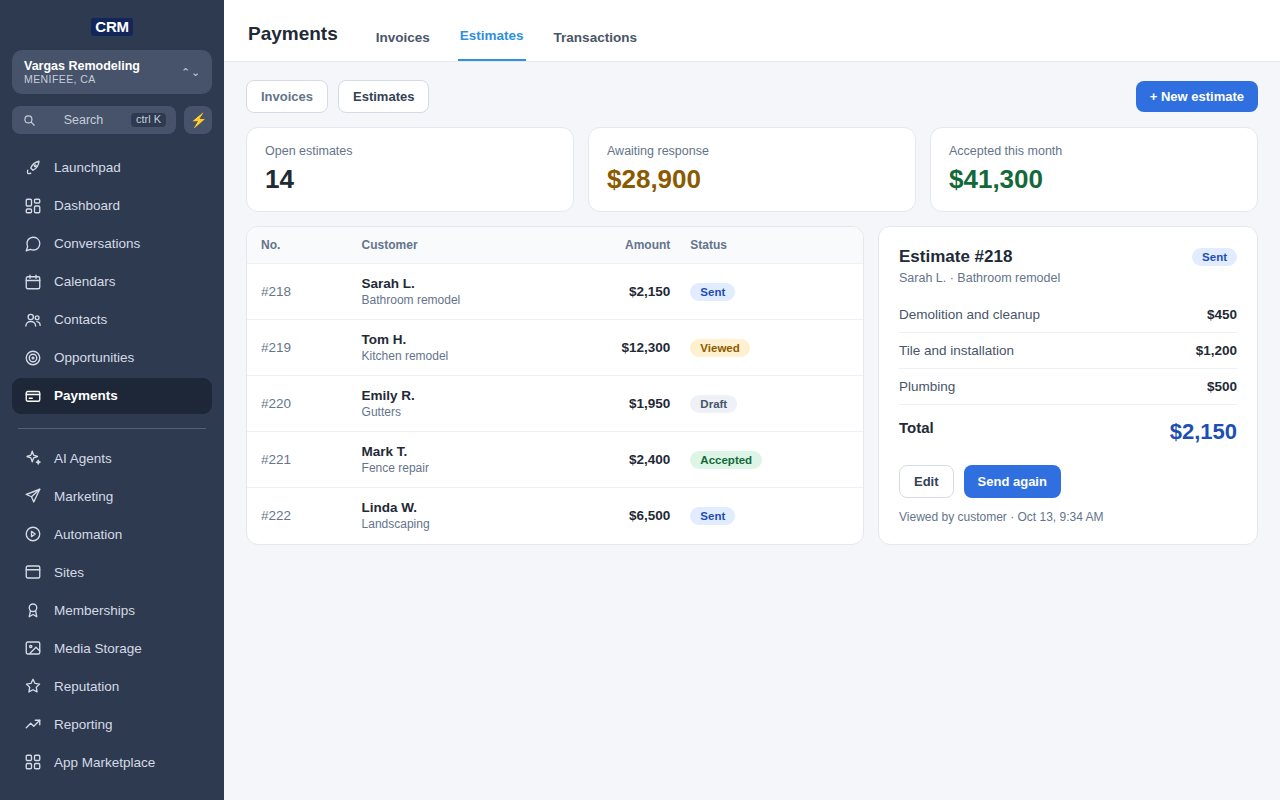 Pantalla de Estimados del CRM con la lista de estimados enviados, vistos y aceptados, y el detalle de un estimado