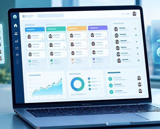 Panel de un CRM con clientes, etapas y gráficas en una laptop