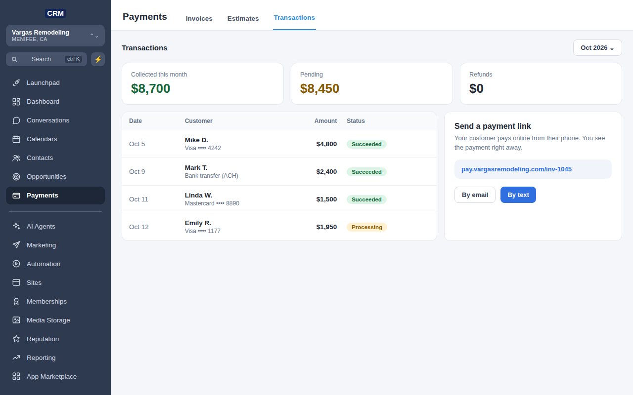 Pantalla de Pagos del CRM con los pagos recibidos con tarjeta y transferencia, y un enlace de pago para enviar al cliente