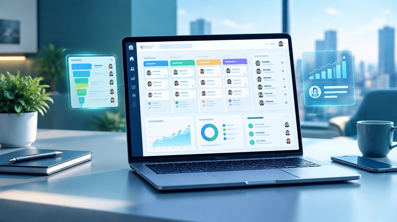 Panel de un CRM con clientes, etapas y gráficas en una laptop