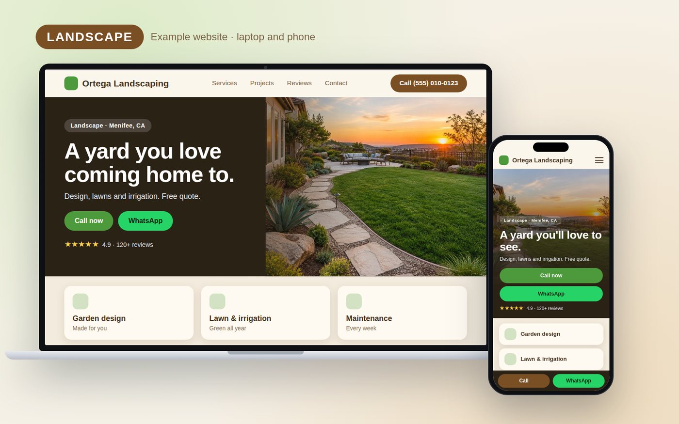 Sitio web de ejemplo para una empresa de landscape y jardines, visto en laptop y en celular