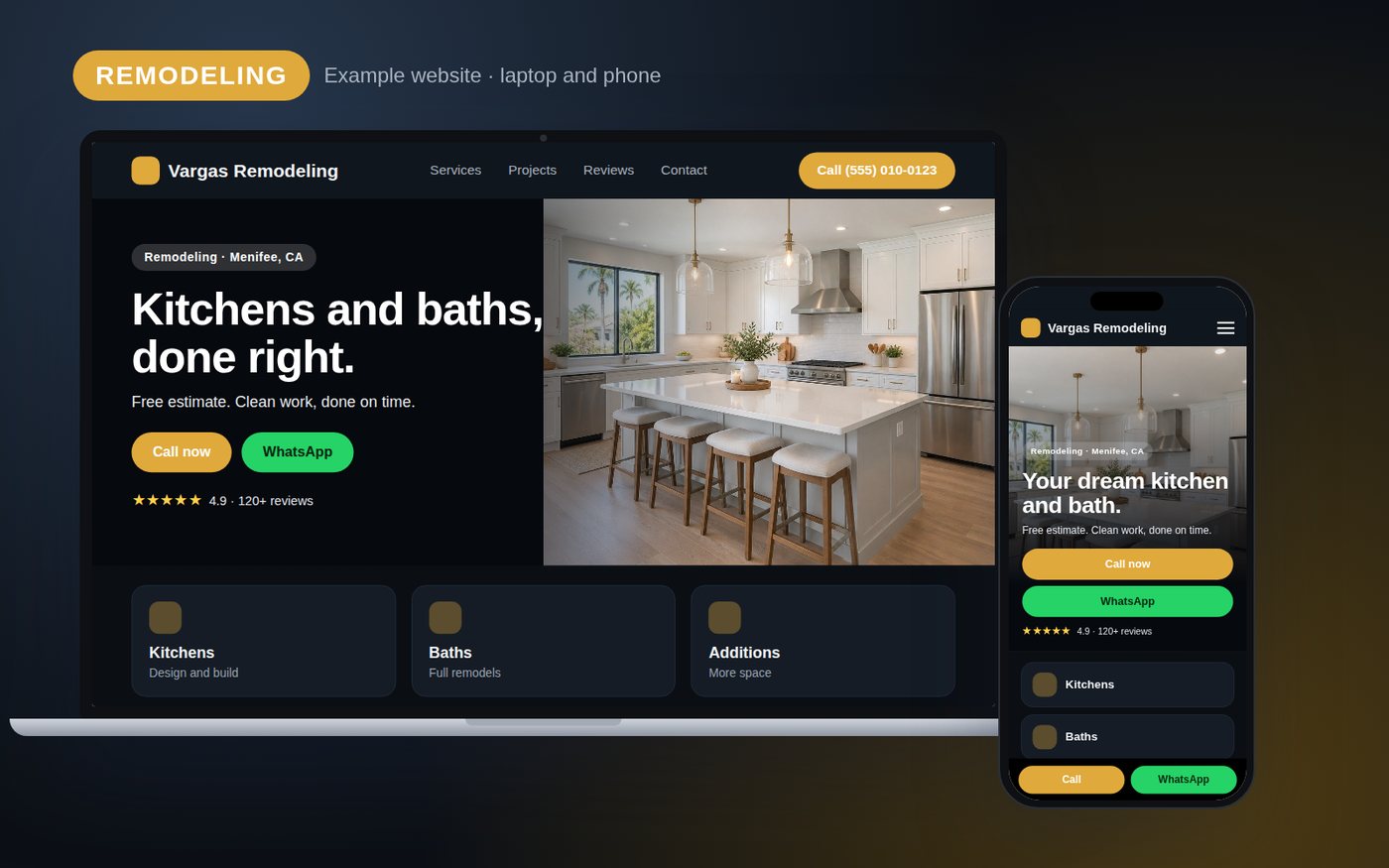 Sitio web de ejemplo para una empresa de remodelación, visto en laptop y en celular