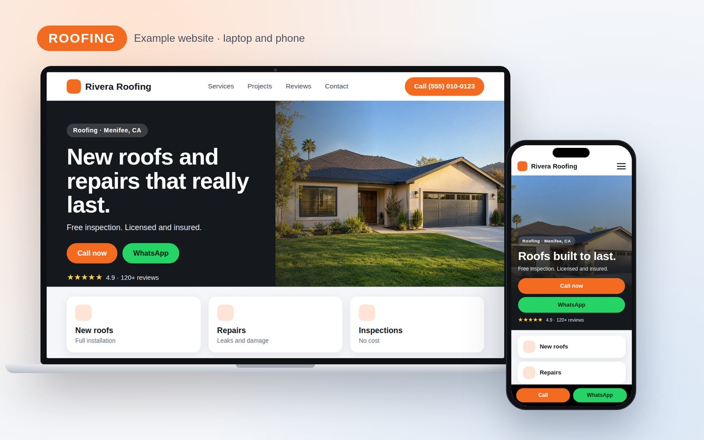 Sitio web de ejemplo para una empresa de techos (roofing), visto en laptop y en celular