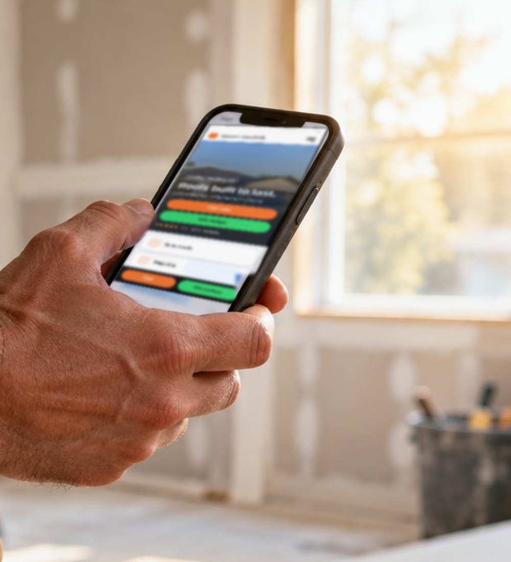 Persona navegando en su teléfono el sitio web de un contratista, dentro de una casa en remodelación