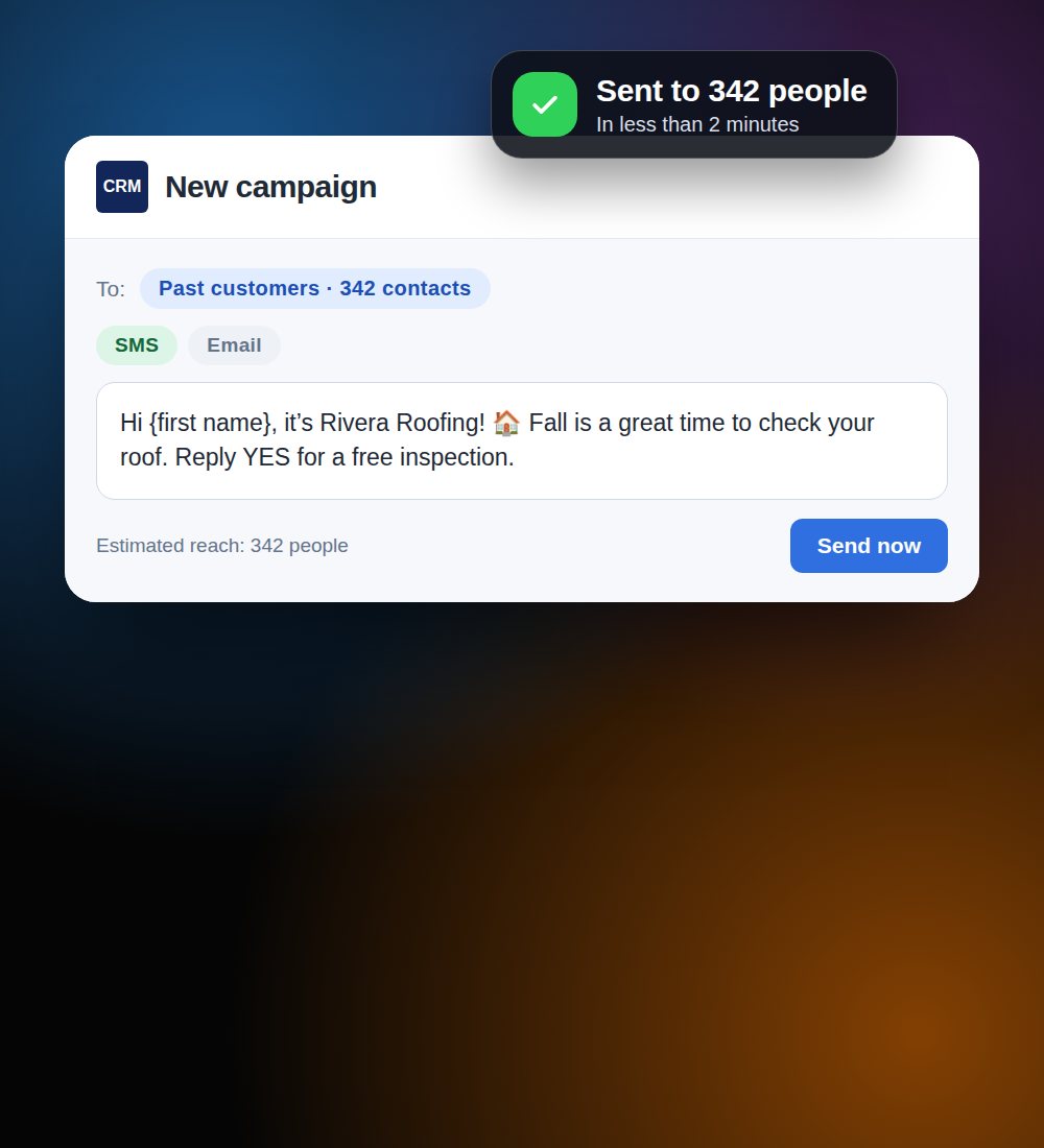 Pantalla del CRM para mandar un mensaje de texto a toda la lista de clientes anteriores
