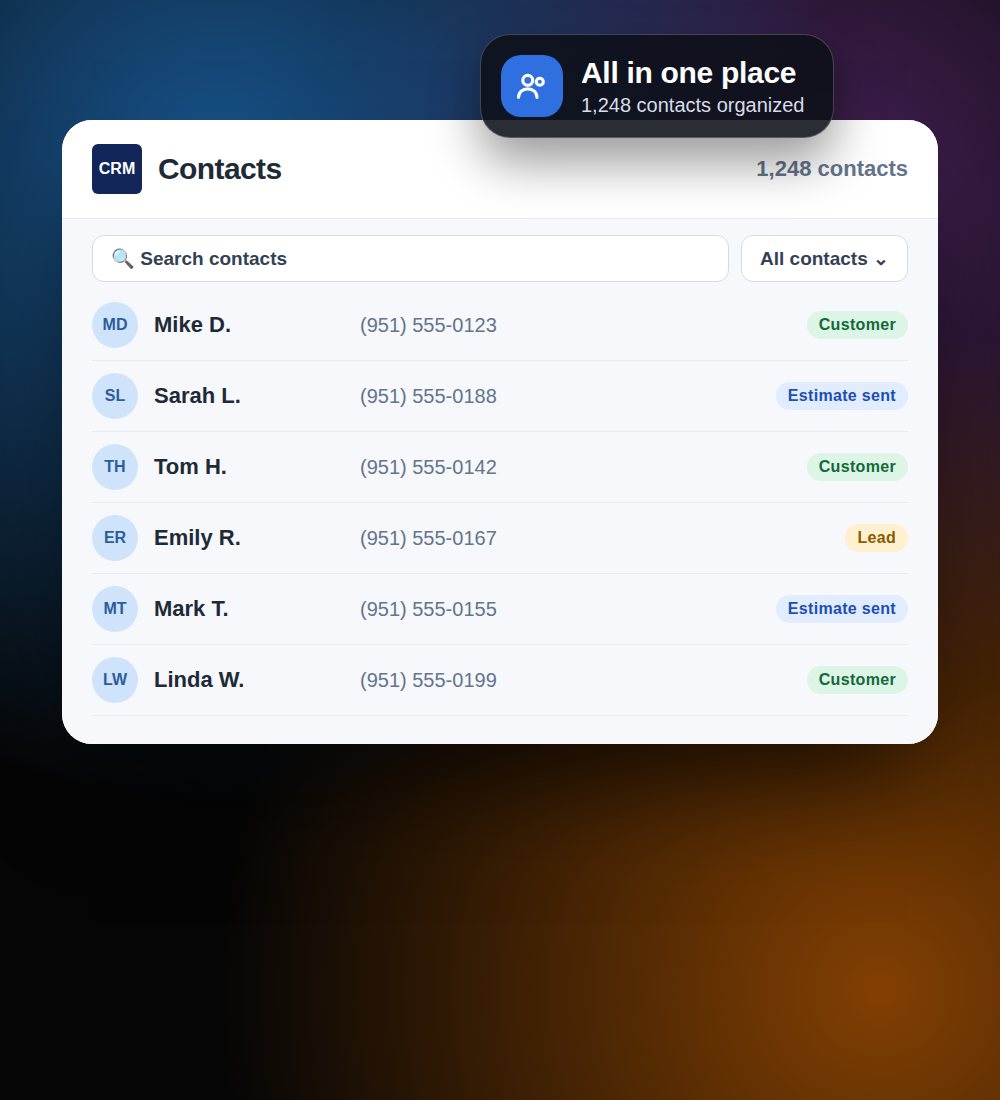 Pantalla de Contactos del CRM con más de mil contactos ordenados, con su teléfono y su etapa