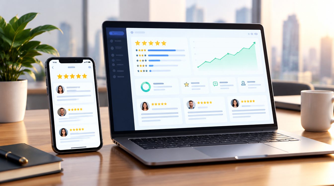 Reseñas de cinco estrellas de clientes en un celular y una laptop