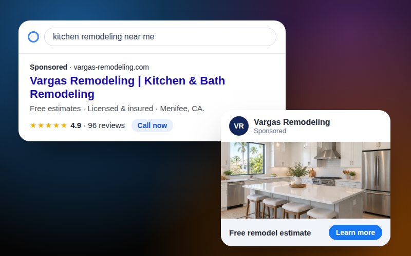 Ejemplo de un anuncio de un contratista de remodelación en los resultados de Google y de un anuncio en Facebook