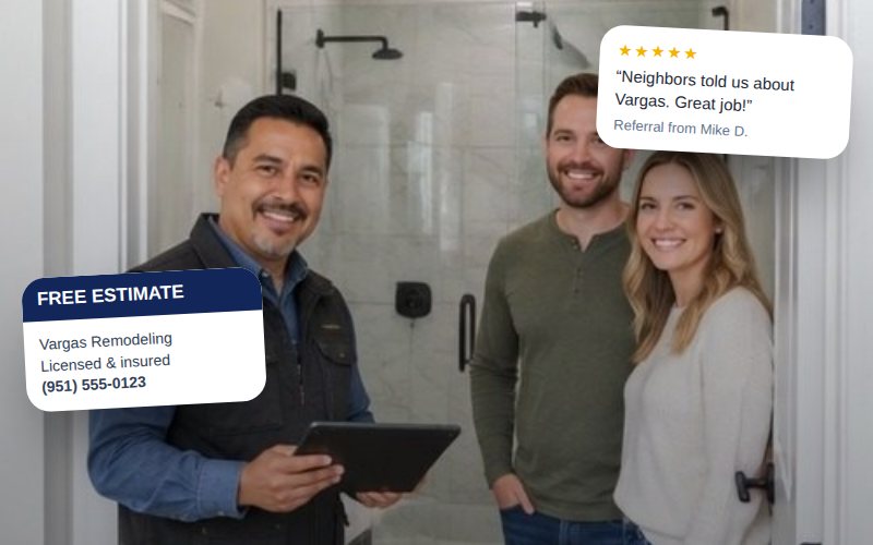 Ejemplo de una recomendación: propietarios contentos con su contratista en su baño remodelado, un volante de estimado gratis y la reseña de un vecino