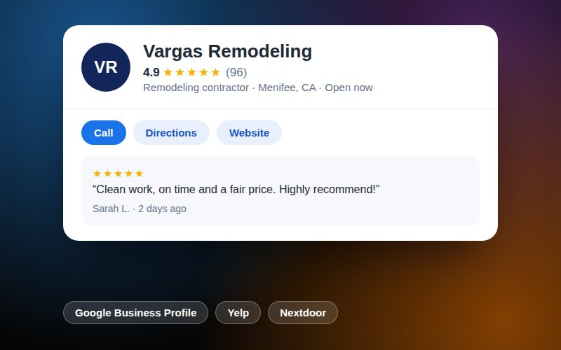 Ejemplo de un perfil de negocio de un contratista de remodelación con calificación de 4.9 estrellas, botones para llamar y una reseña