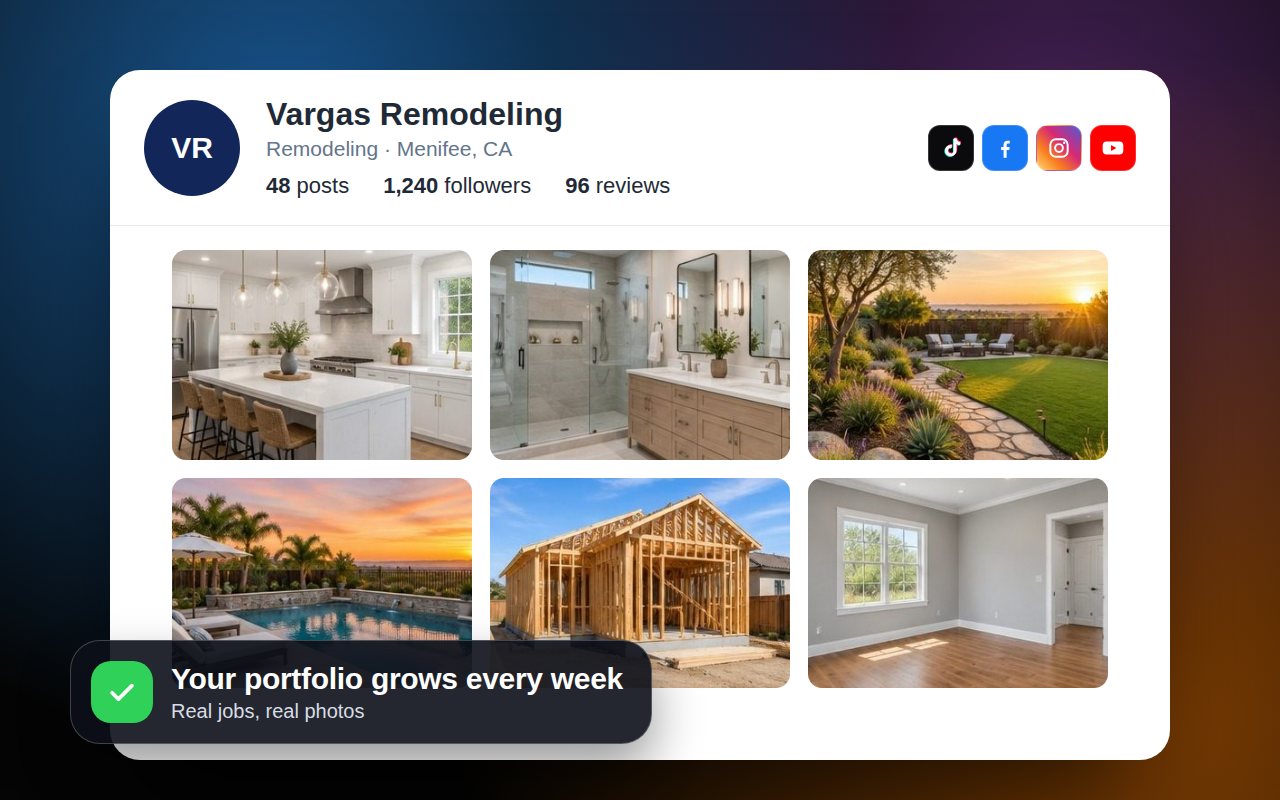 Perfil de un contratista con fotos de trabajos terminados: cocina, baño, jardín, alberca, framing y pintura, y los íconos de TikTok, Facebook, Instagram y YouTube