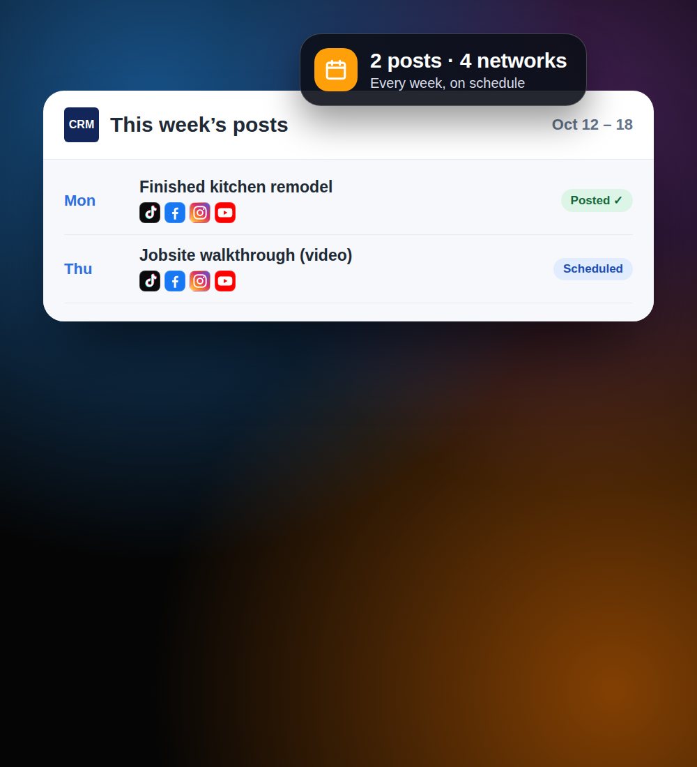 Calendario de publicaciones de la semana en el CRM, con dos publicaciones por semana en cuatro redes