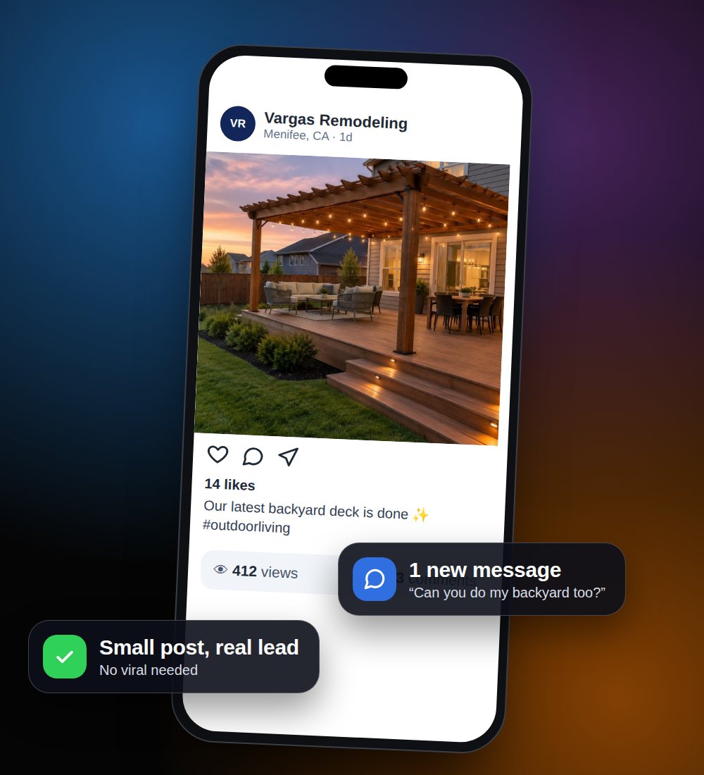 Teléfono con una publicación de una terraza nueva con catorce likes, cuatrocientas doce vistas y un mensaje nuevo de un cliente
